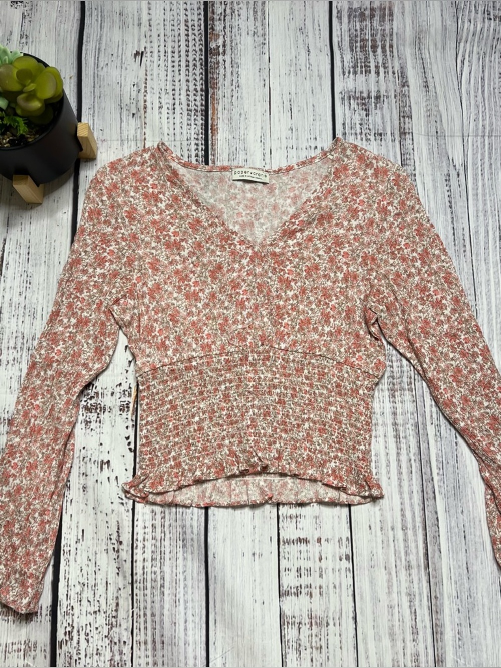 PAPER CRANE Pink Floral Smocked Waist V-Neck Long Sleeve Top